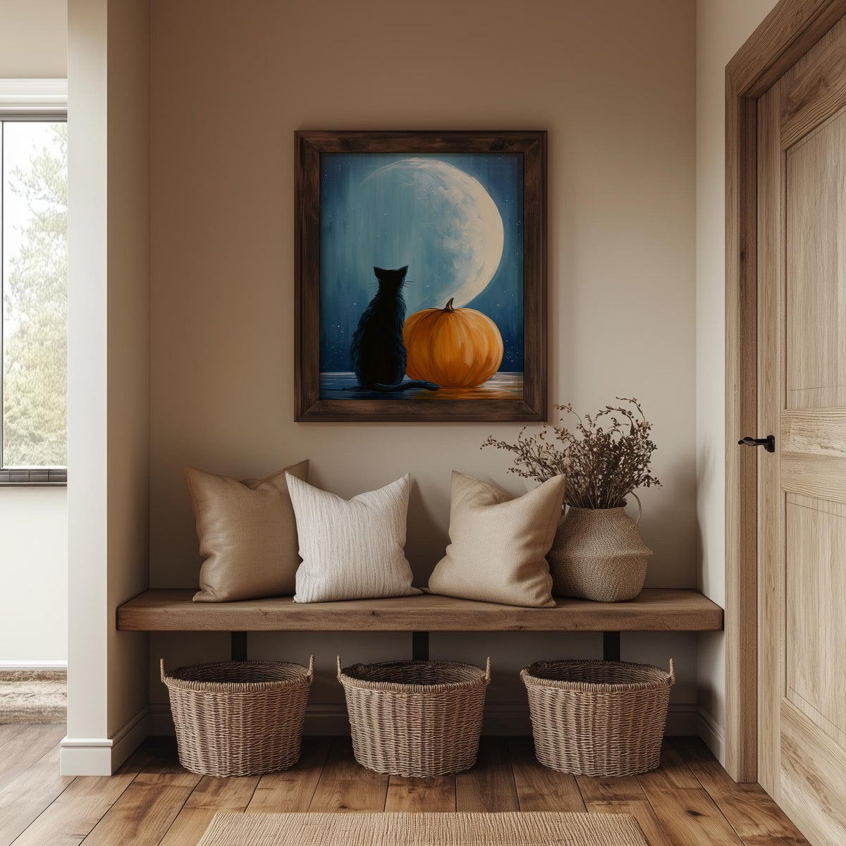 Moon Cat Pumpkin Halloween art print shown in a room setting