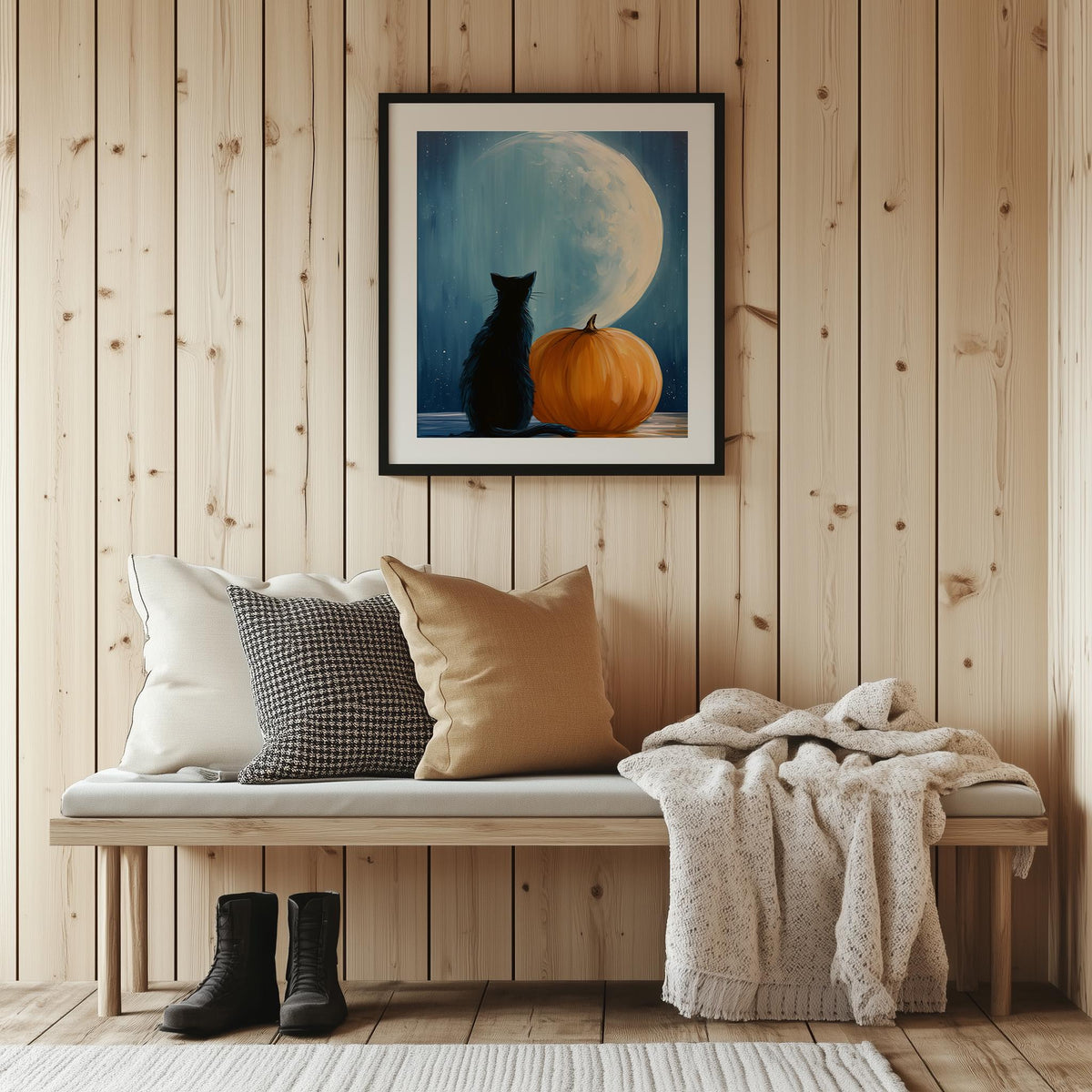 Moon Cat Pumpkin Halloween art print shown in a room setting