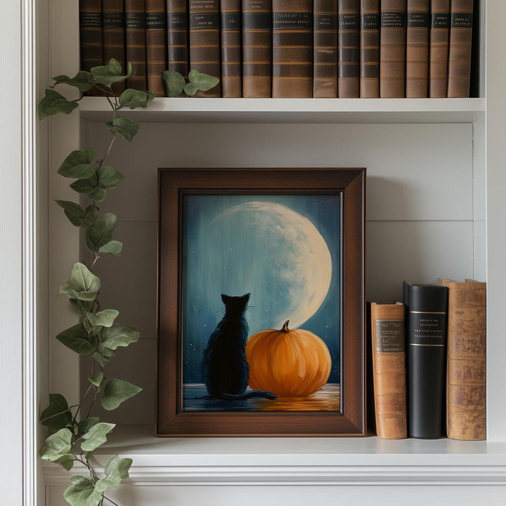 Moon Cat Pumpkin Halloween art print shown in a room setting