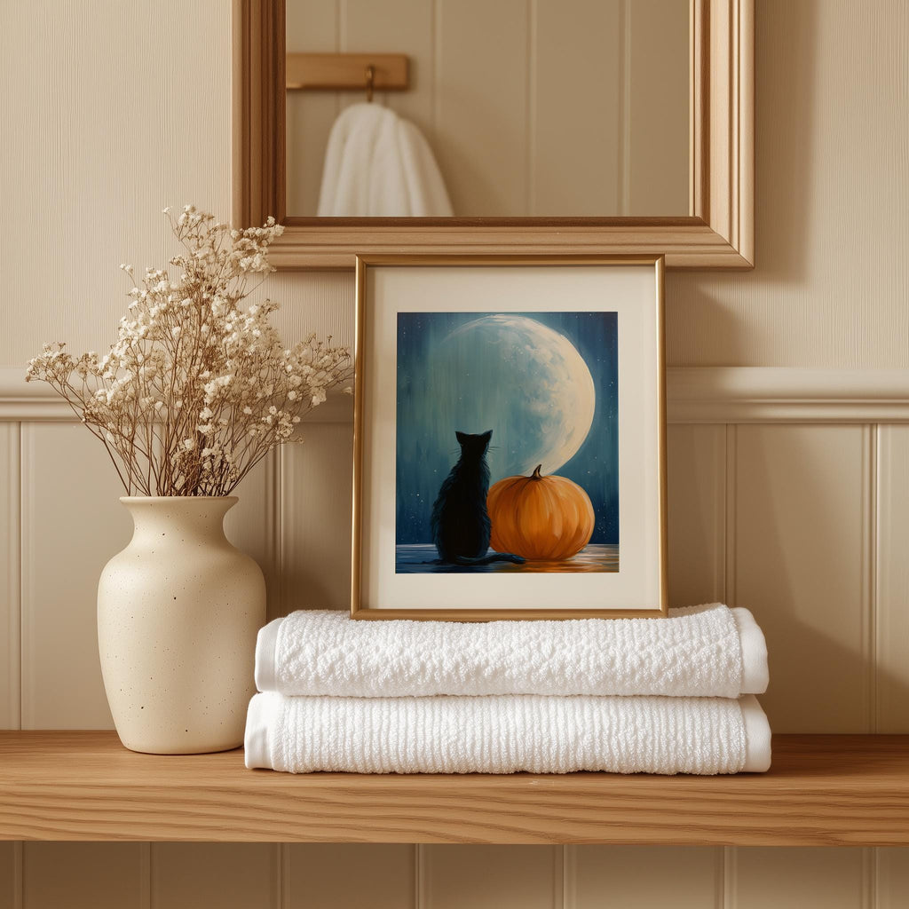 Moon Cat Pumpkin Halloween art print shown in a room setting