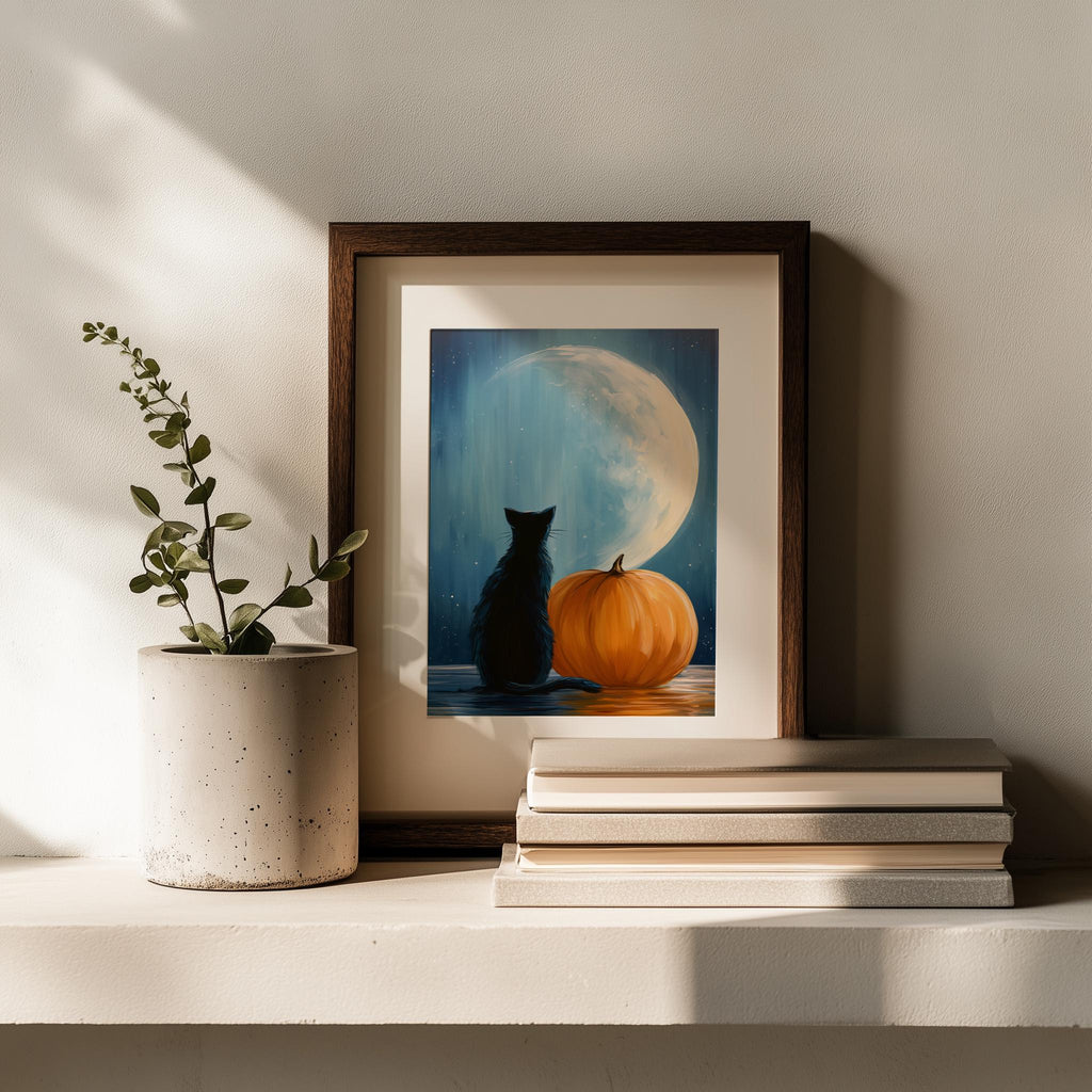 Moon Cat Pumpkin Halloween art print shown in a room setting
