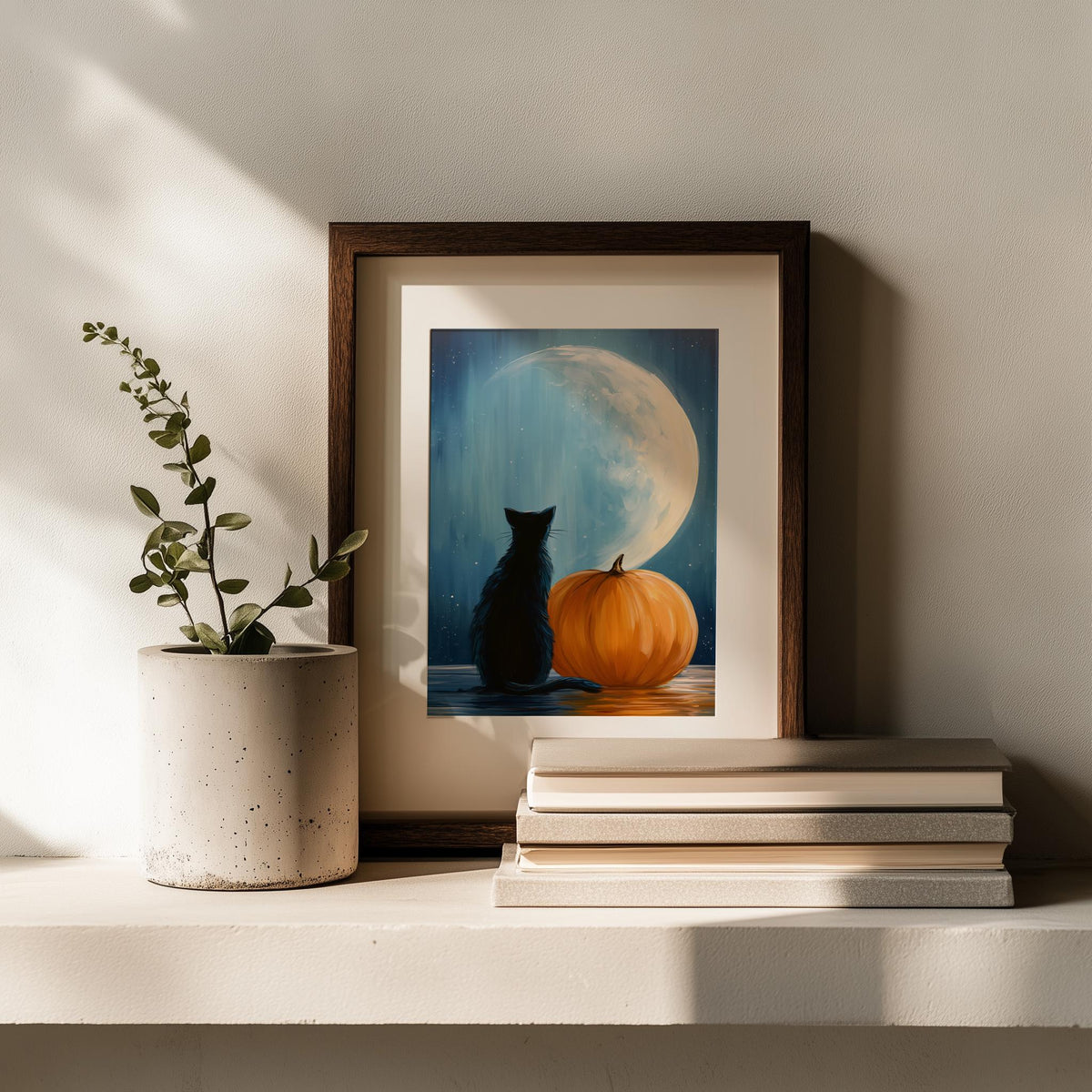 Moon Cat Pumpkin Halloween art print shown in a room setting