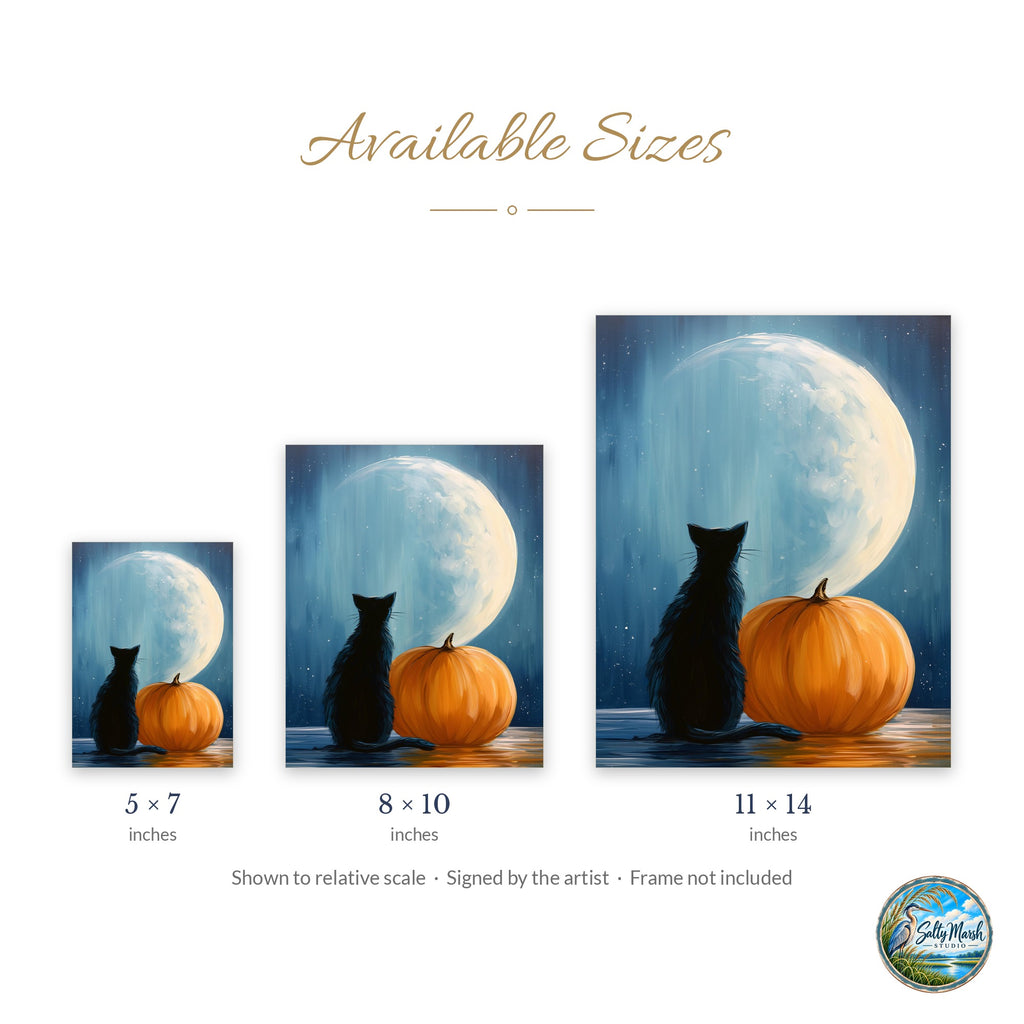 Moon Cat Pumpkin art print size guide: 5x7, 8x10 and 11x14