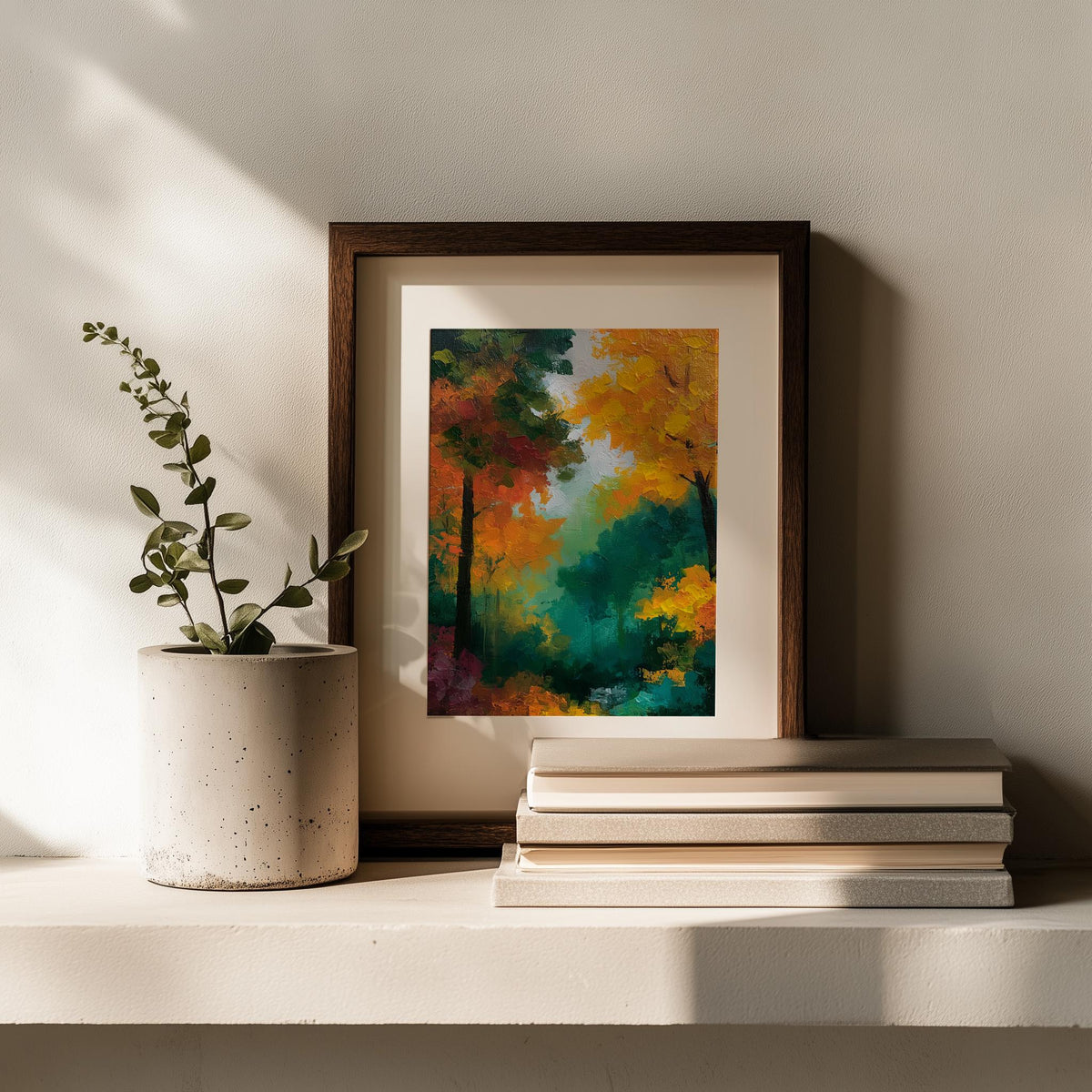 Vibrant Fall Forest fall art print shown in a room setting