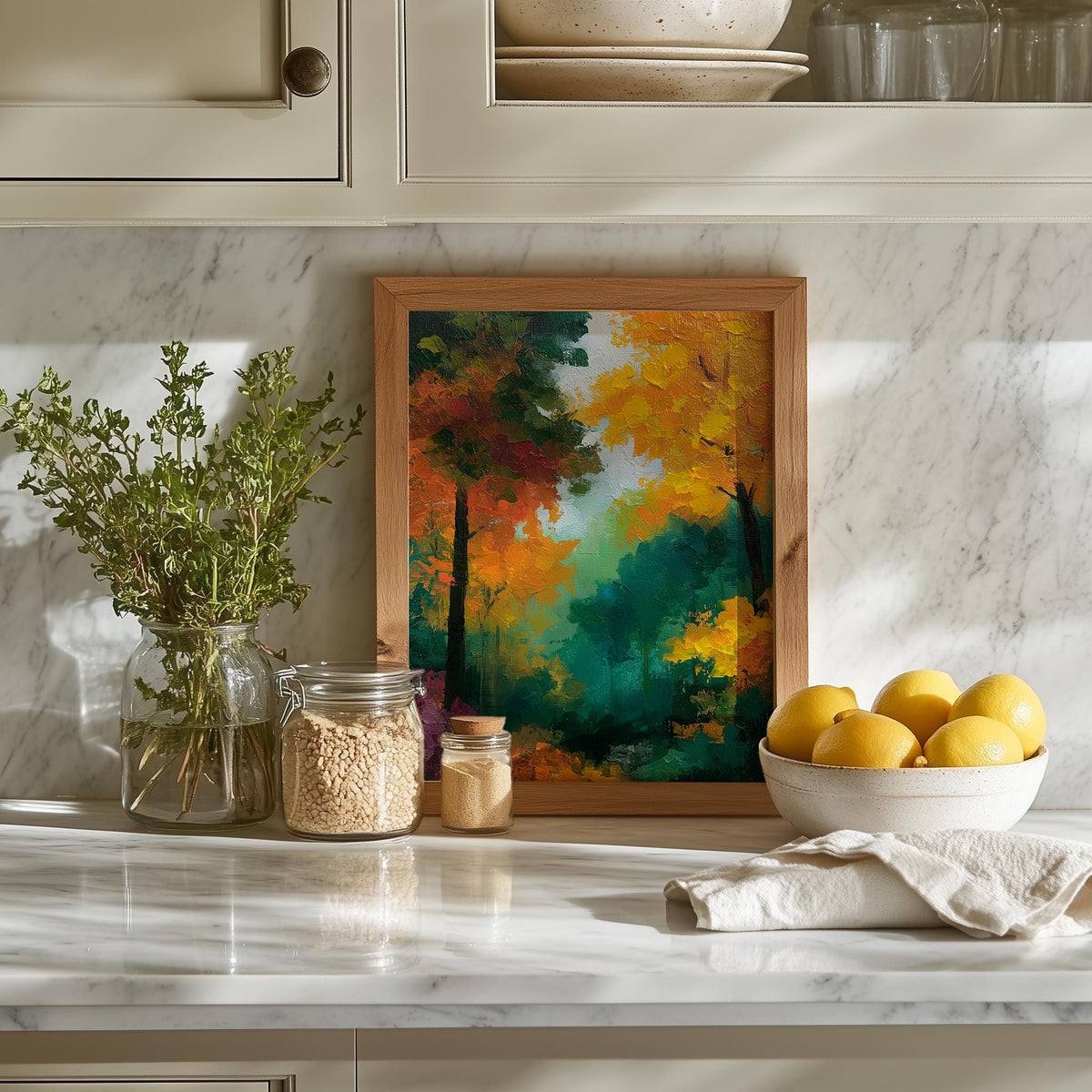 Vibrant Fall Forest fall art print shown in a room setting