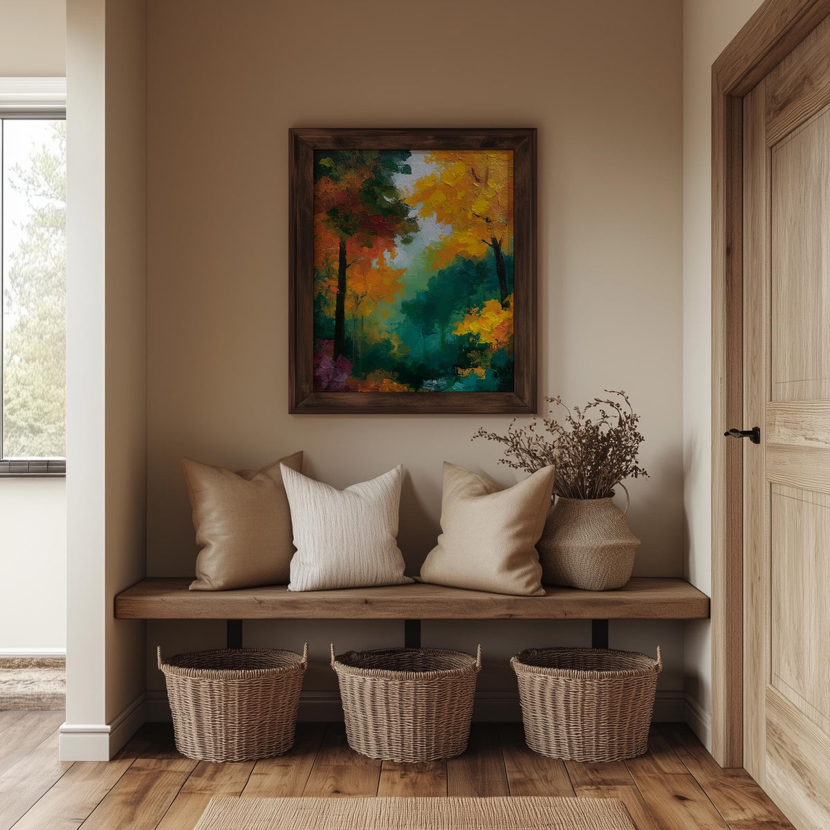 Vibrant Fall Forest fall art print shown in a room setting