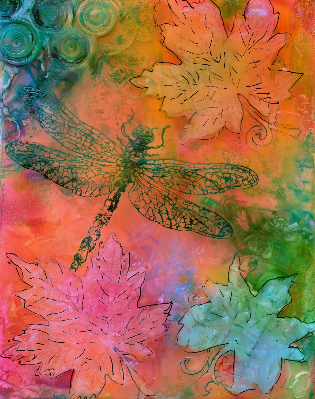 Bright Dragonfly animal art print unframed, signed by Pattie Overcash