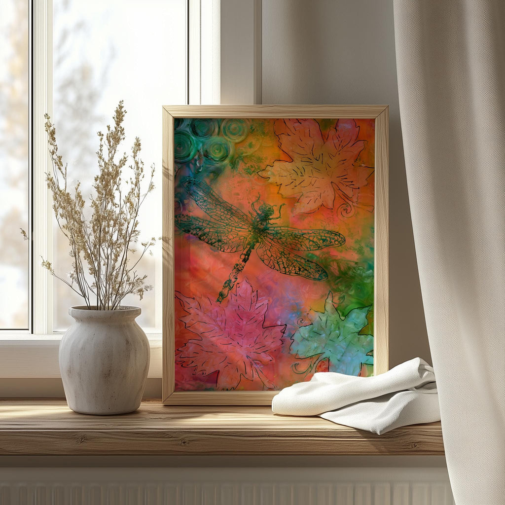 Bright Dragonfly animal art print shown in a room setting
