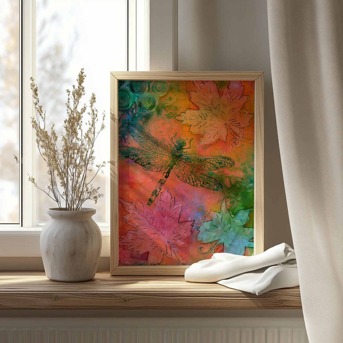 Bright Dragonfly animal art print shown in a room setting