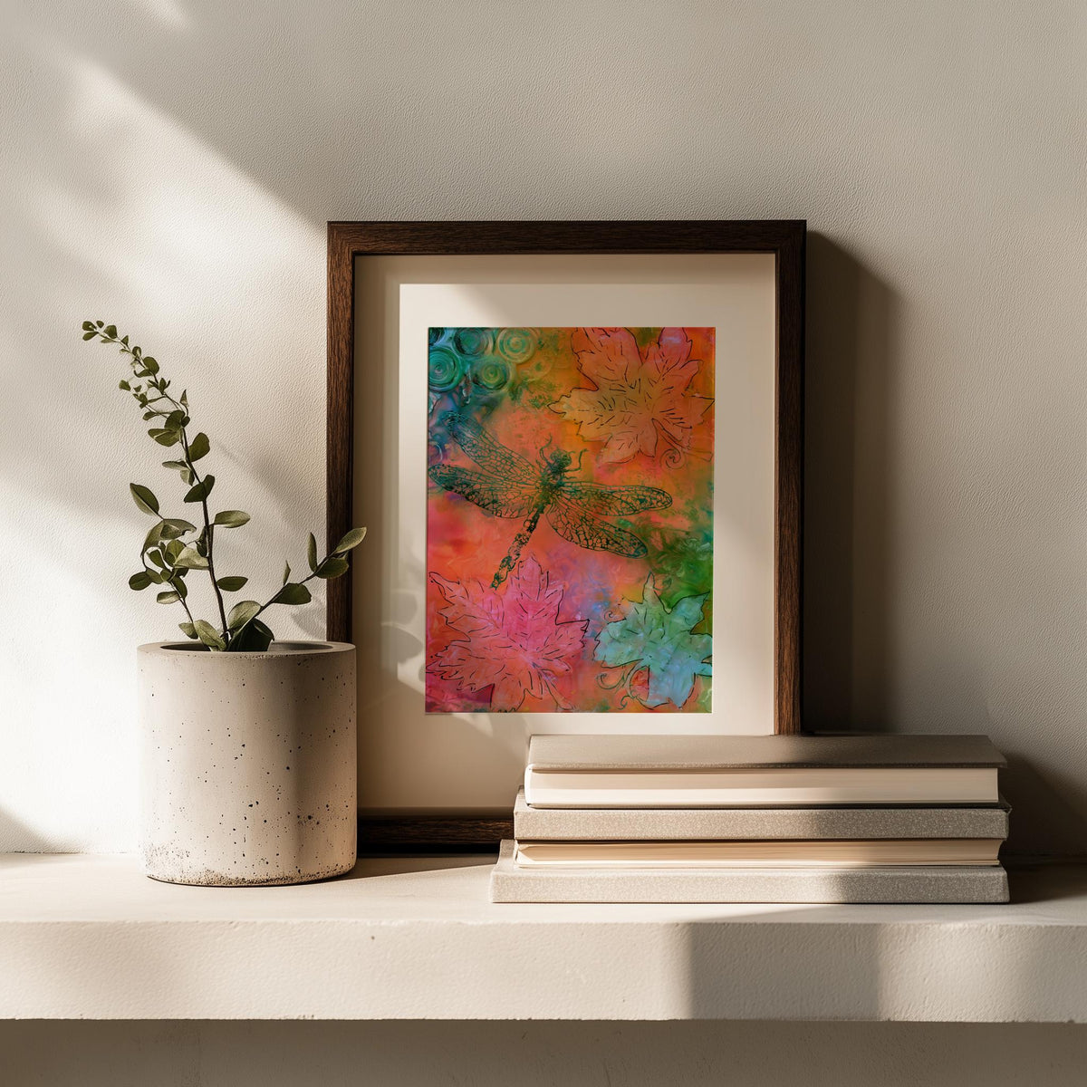 Bright Dragonfly animal art print shown in a room setting