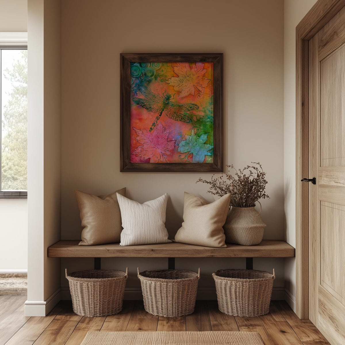 Bright Dragonfly animal art print shown in a room setting