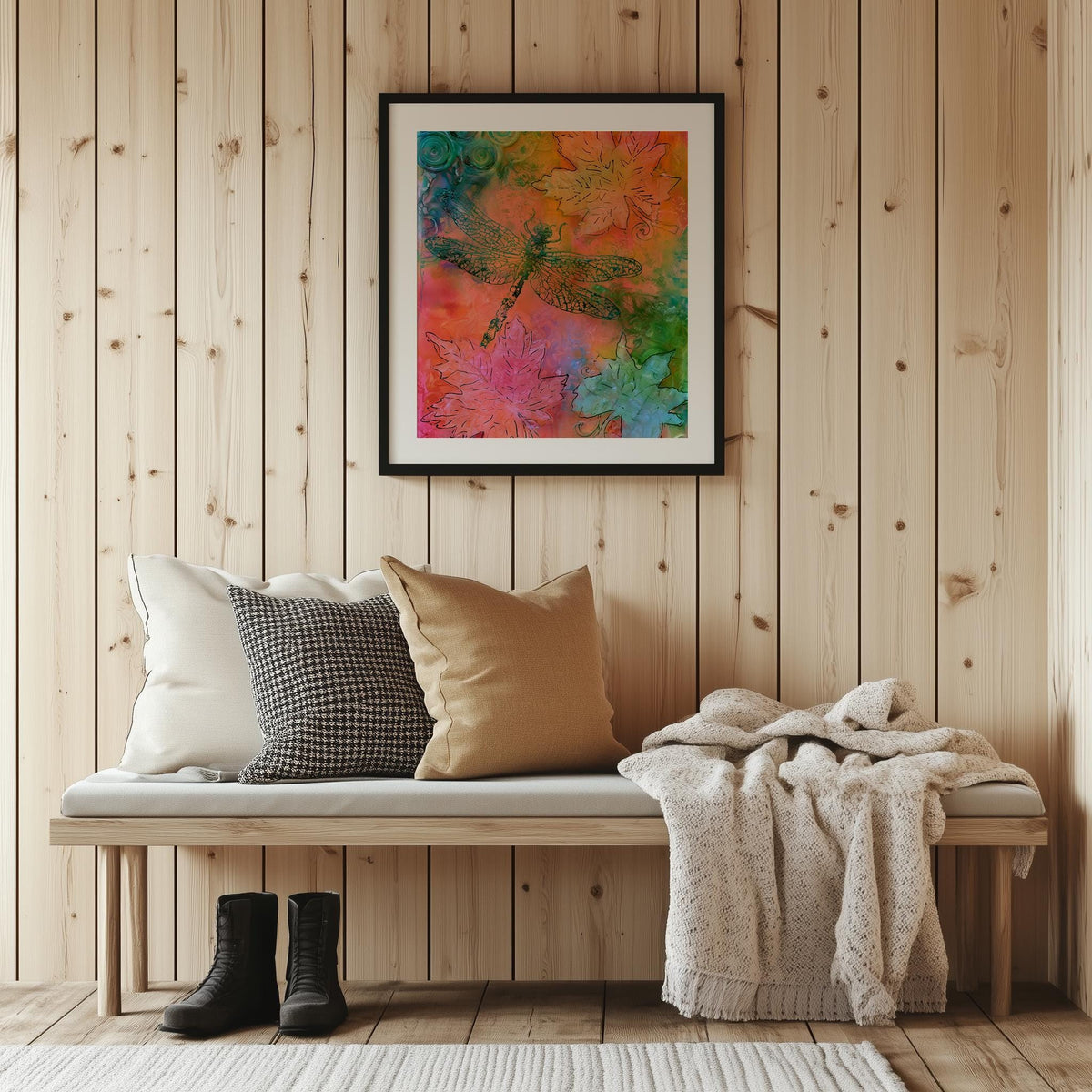 Bright Dragonfly animal art print shown in a room setting