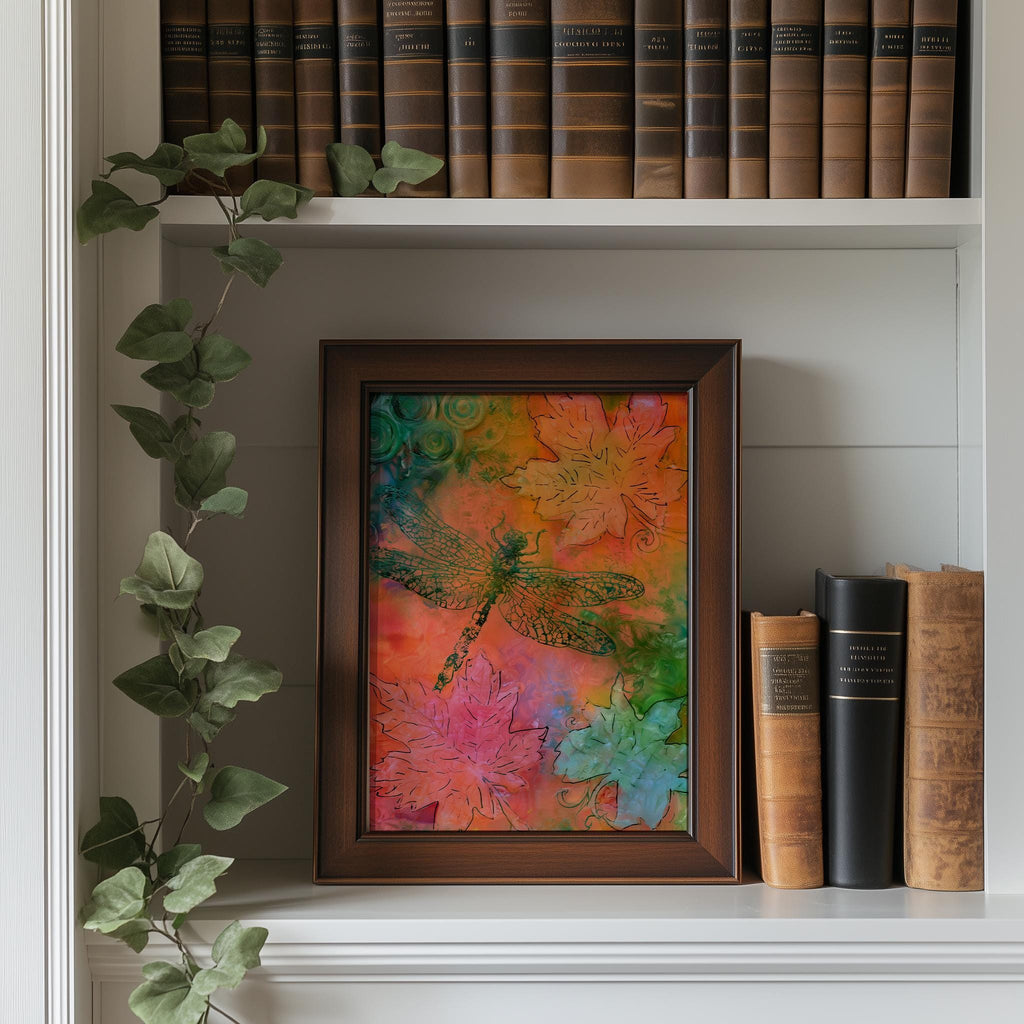 Bright Dragonfly animal art print shown in a room setting