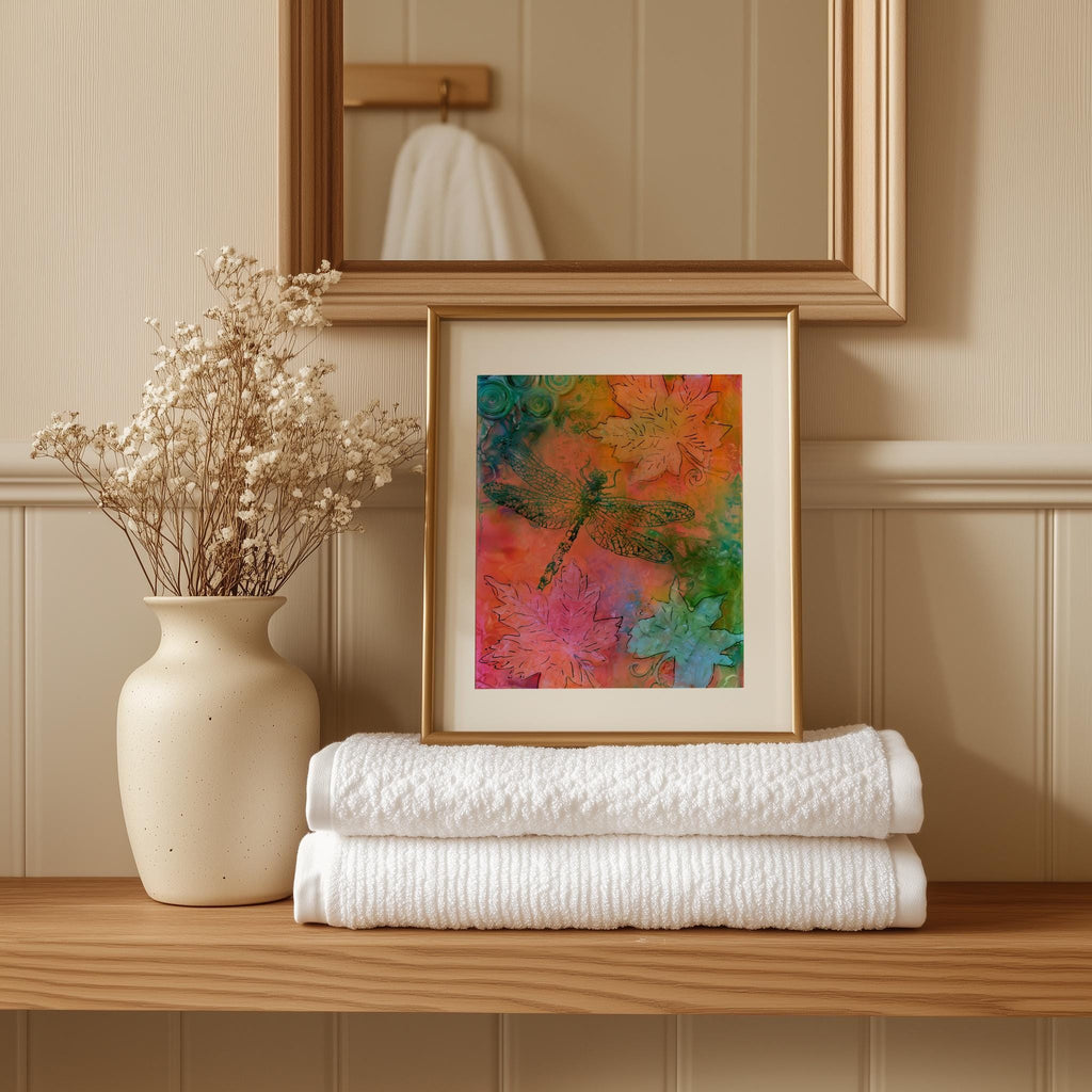 Bright Dragonfly animal art print shown in a room setting