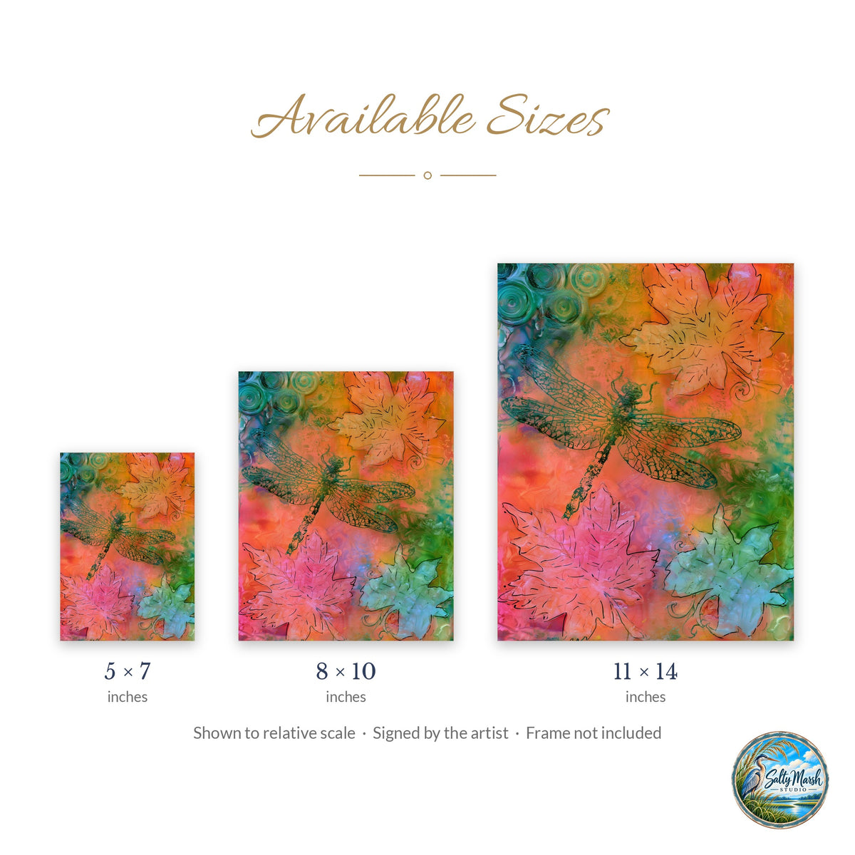 Bright Dragonfly art print size guide: 5x7, 8x10 and 11x14