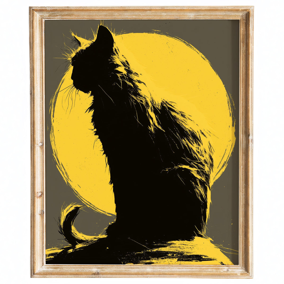 Yellow Moon Cat Halloween art print framed