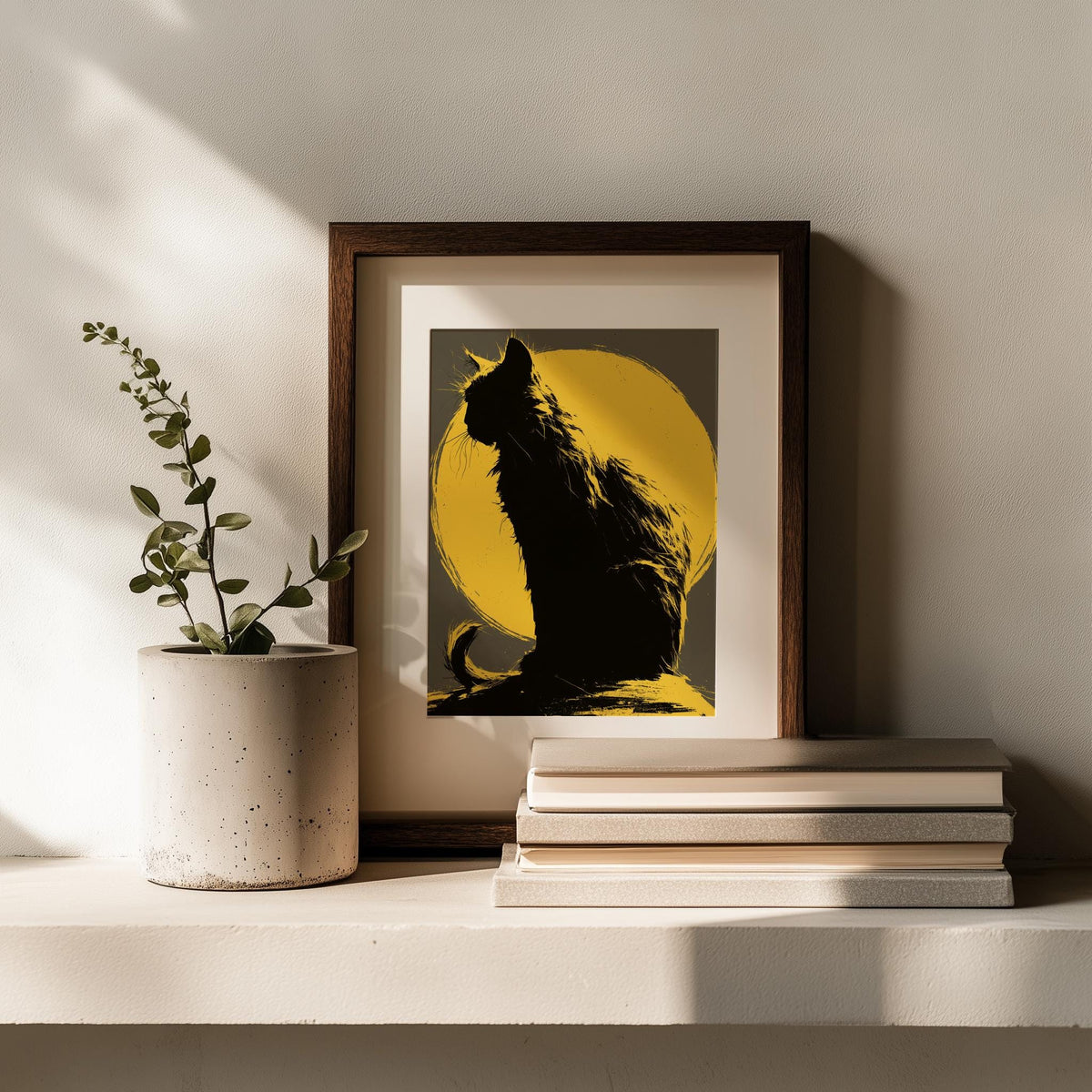 Yellow Moon Cat Halloween art print shown in a room setting
