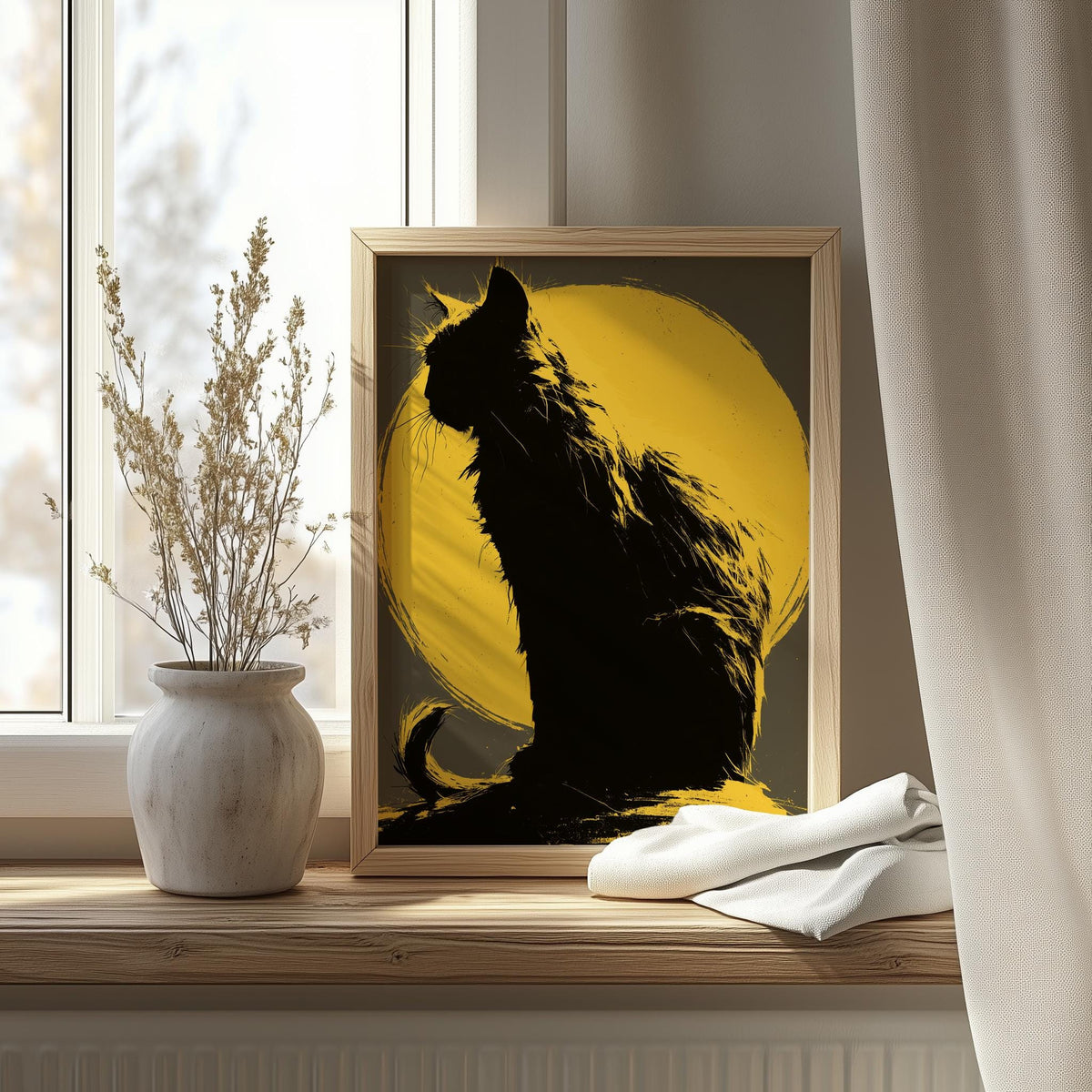 Yellow Moon Cat Halloween art print shown in a room setting