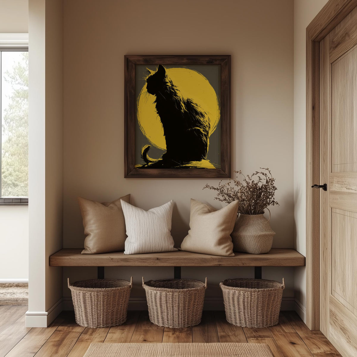 Yellow Moon Cat Halloween art print shown in a room setting
