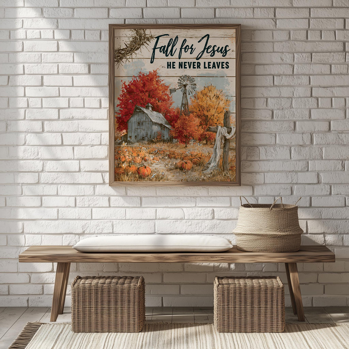 Fall for Jesus fall art print shown in a room setting