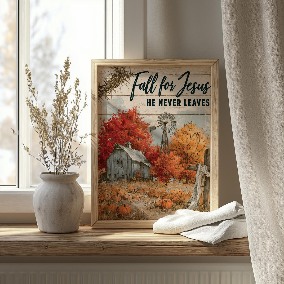 Fall for Jesus fall art print shown in a room setting