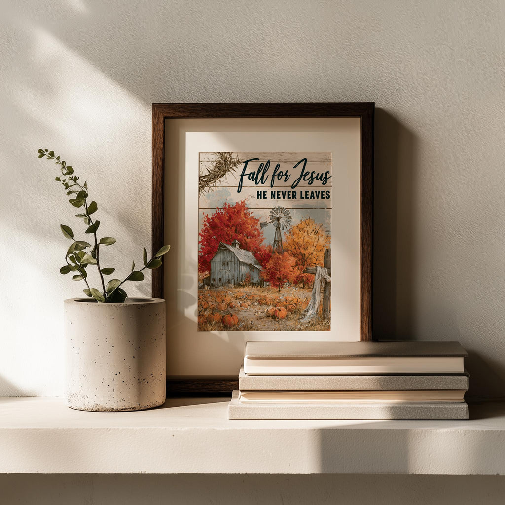 Fall for Jesus fall art print shown in a room setting