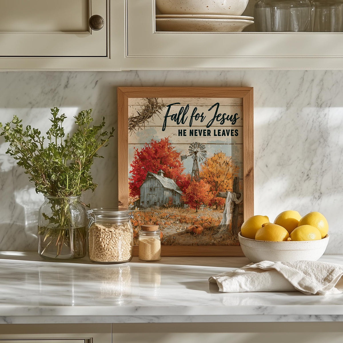 Fall for Jesus fall art print shown in a room setting