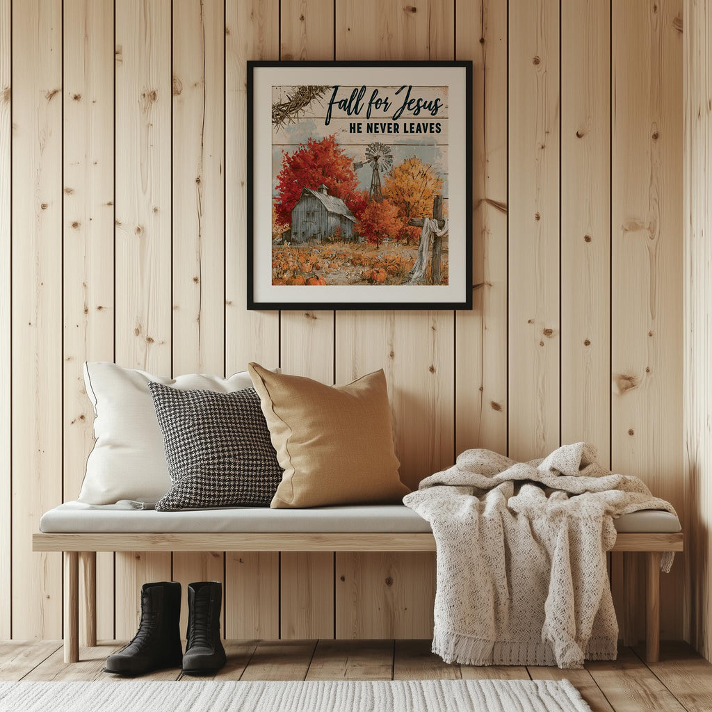 Fall for Jesus fall art print shown in a room setting