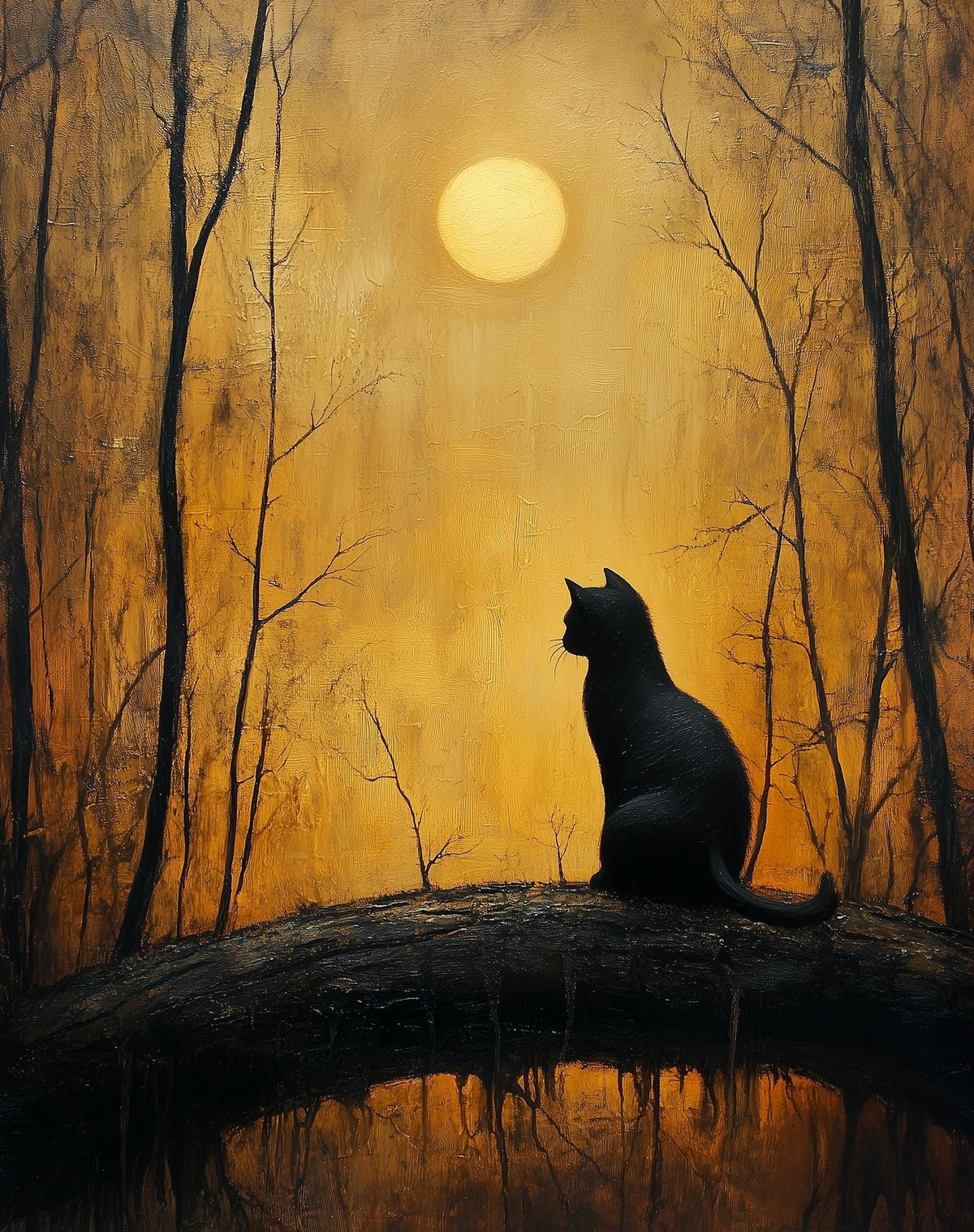 Moonrise Black Cat Halloween art print unframed, signed by Pattie Overcash