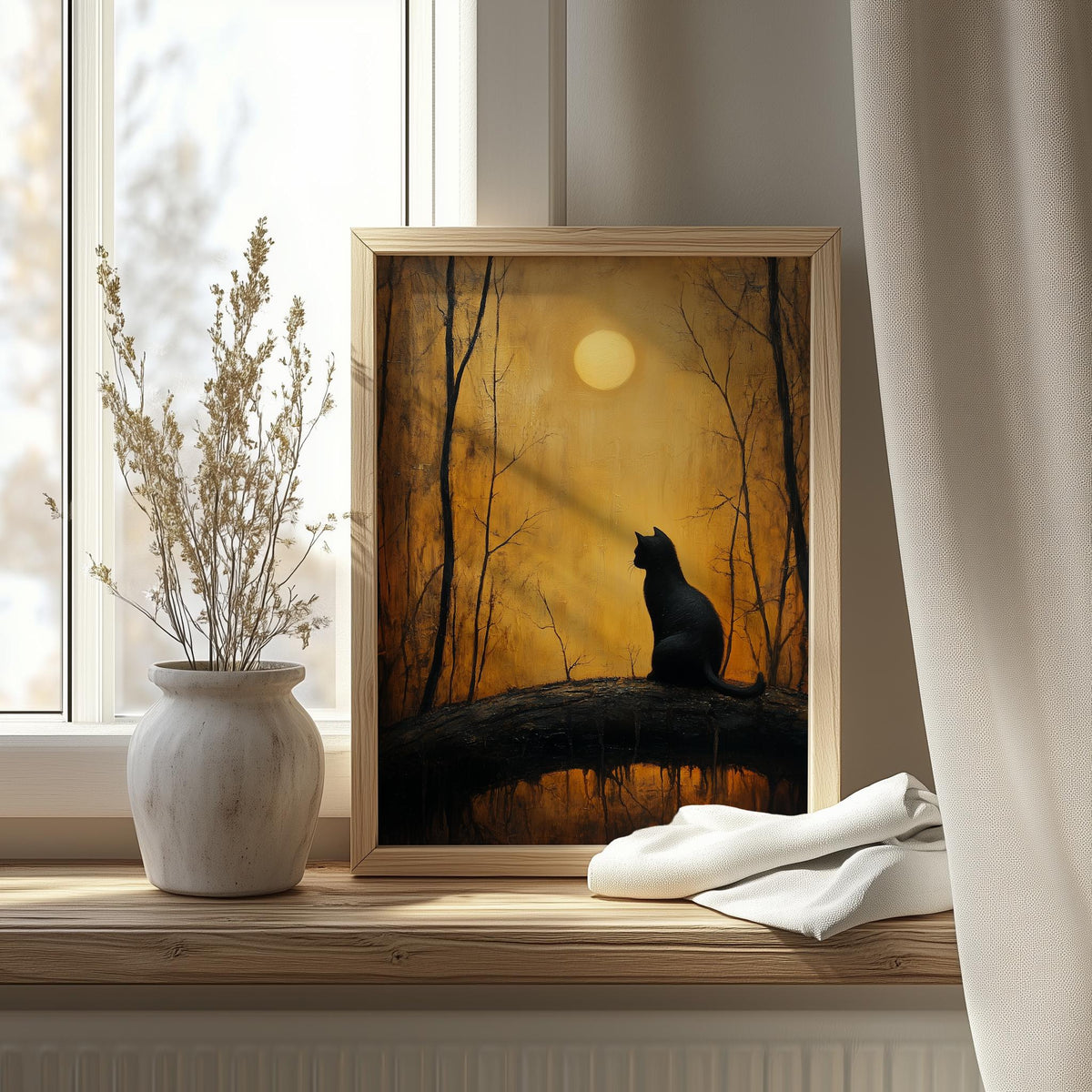 Moonrise Black Cat Halloween art print shown in a room setting
