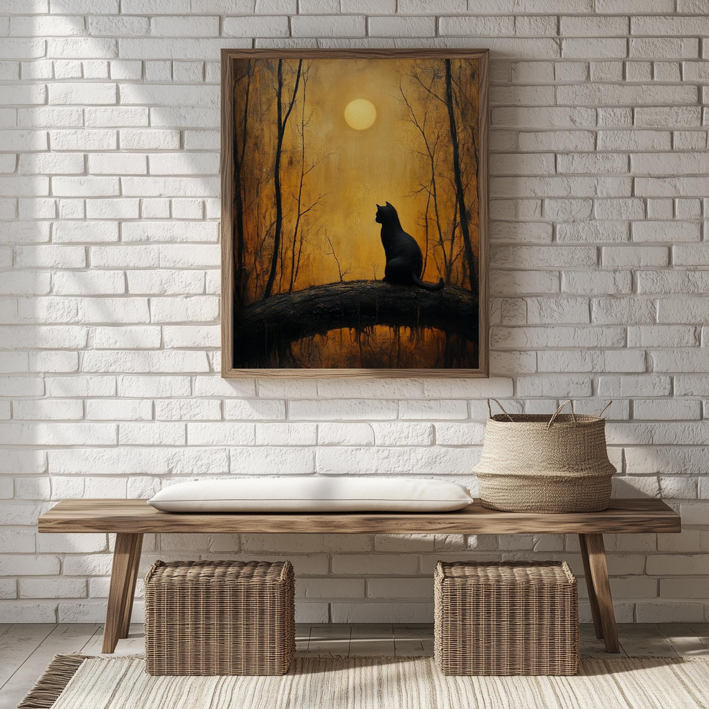 Moonrise Black Cat Halloween art print shown in a room setting