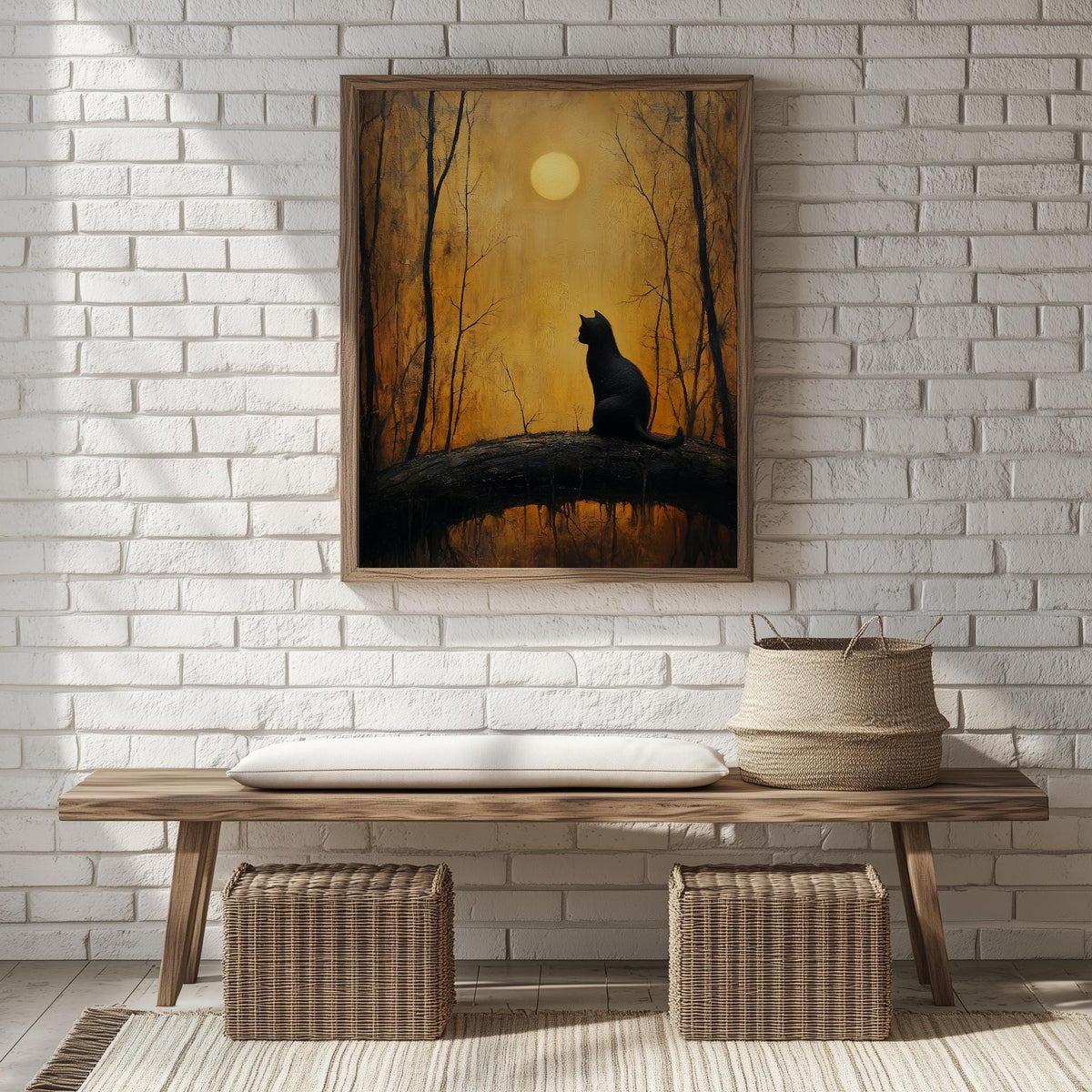 Moonrise Black Cat Halloween art print shown in a room setting