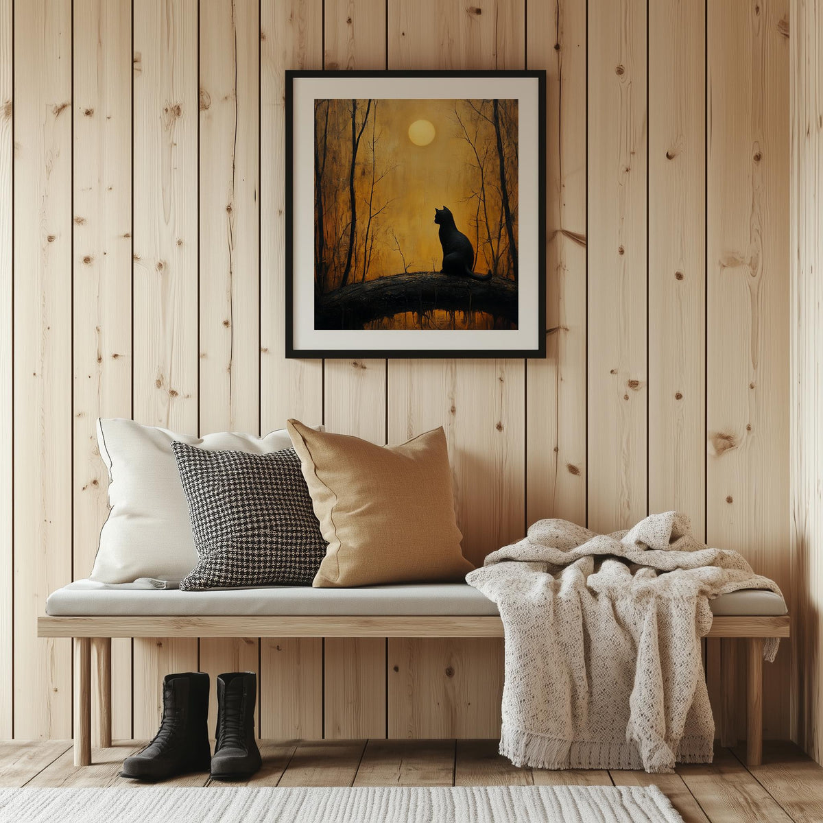 Moonrise Black Cat Halloween art print shown in a room setting