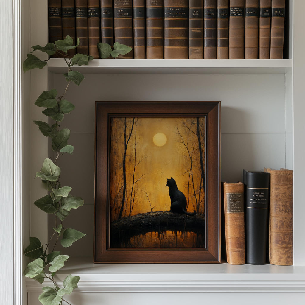 Moonrise Black Cat Halloween art print shown in a room setting