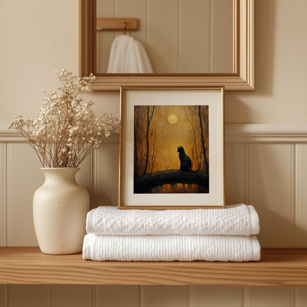 Moonrise Black Cat Halloween art print shown in a room setting