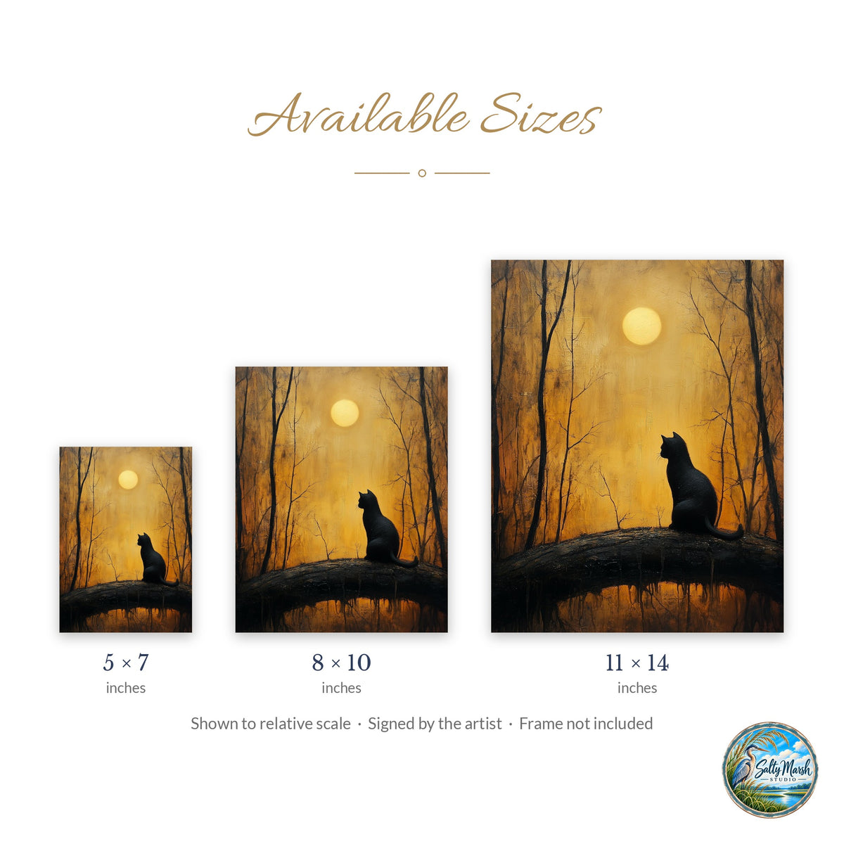 Moonrise Black Cat art print size guide: 5x7, 8x10 and 11x14