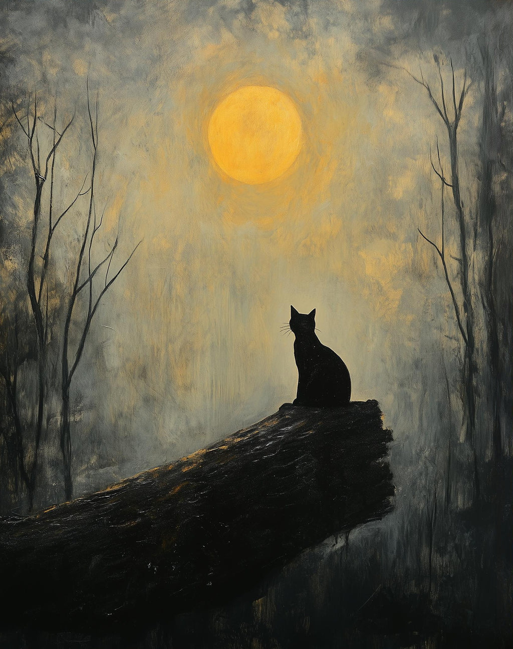 Moonlit Cat winter art print unframed, signed by Pattie Overcash