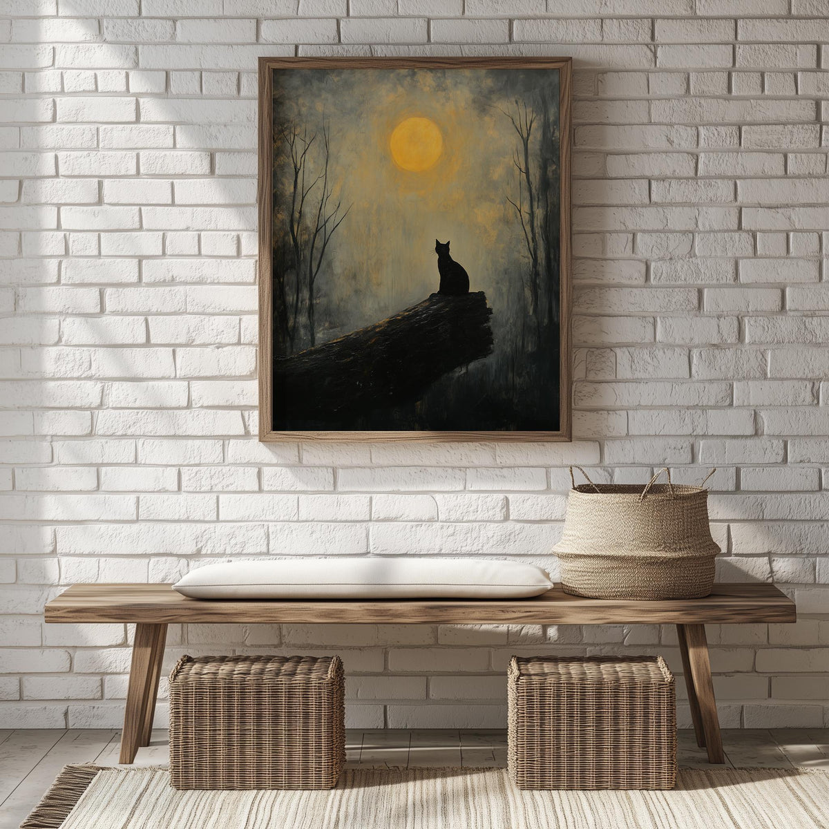 Moonlit Cat winter art print shown in a room setting
