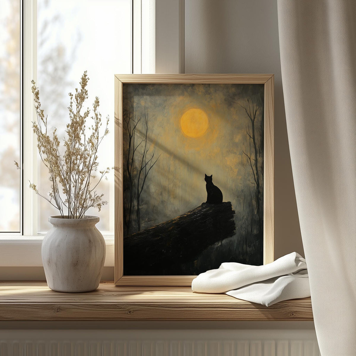 Moonlit Cat winter art print shown in a room setting