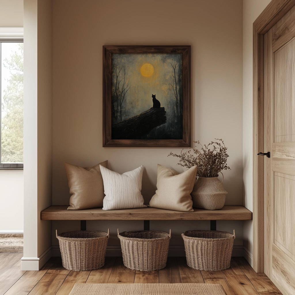 Moonlit Cat winter art print shown in a room setting