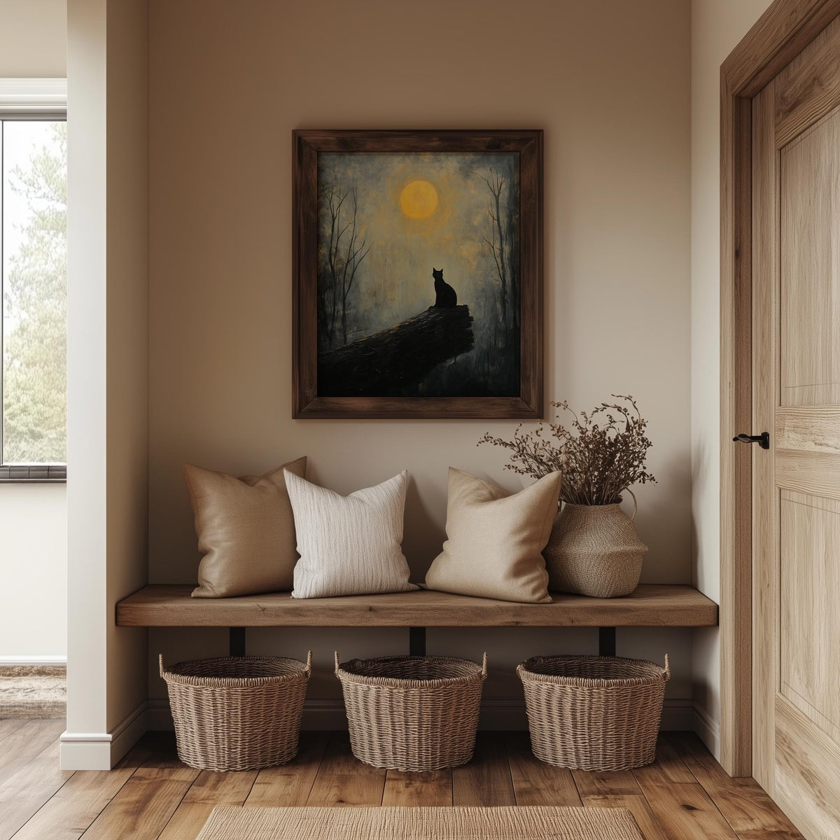 Moonlit Cat winter art print shown in a room setting