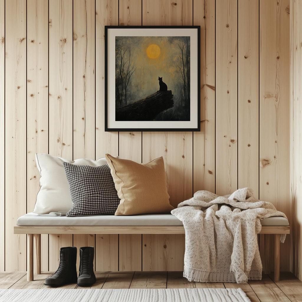 Moonlit Cat winter art print shown in a room setting