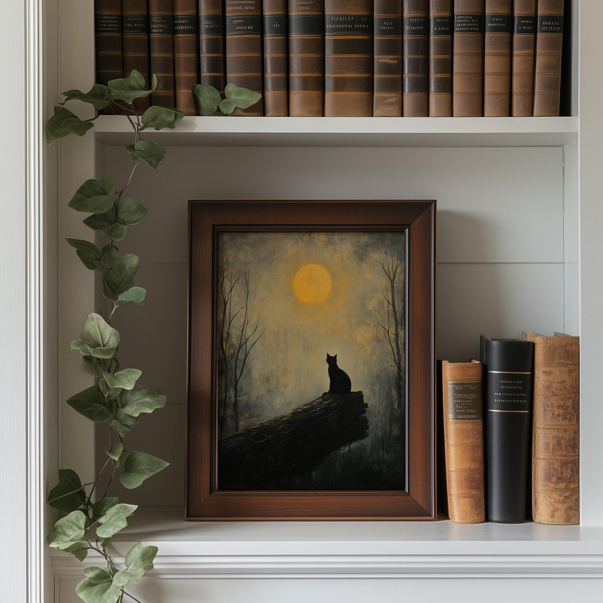 Moonlit Cat winter art print shown in a room setting