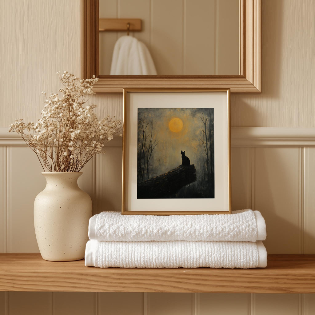 Moonlit Cat winter art print shown in a room setting