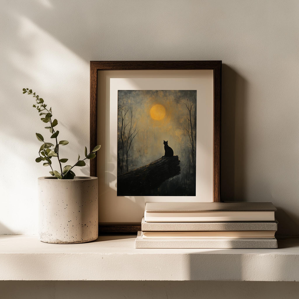 Moonlit Cat winter art print shown in a room setting