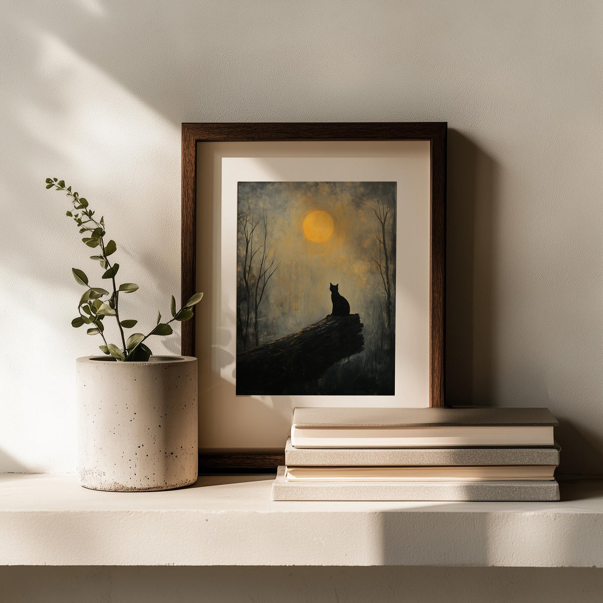 Moonlit Cat winter art print shown in a room setting