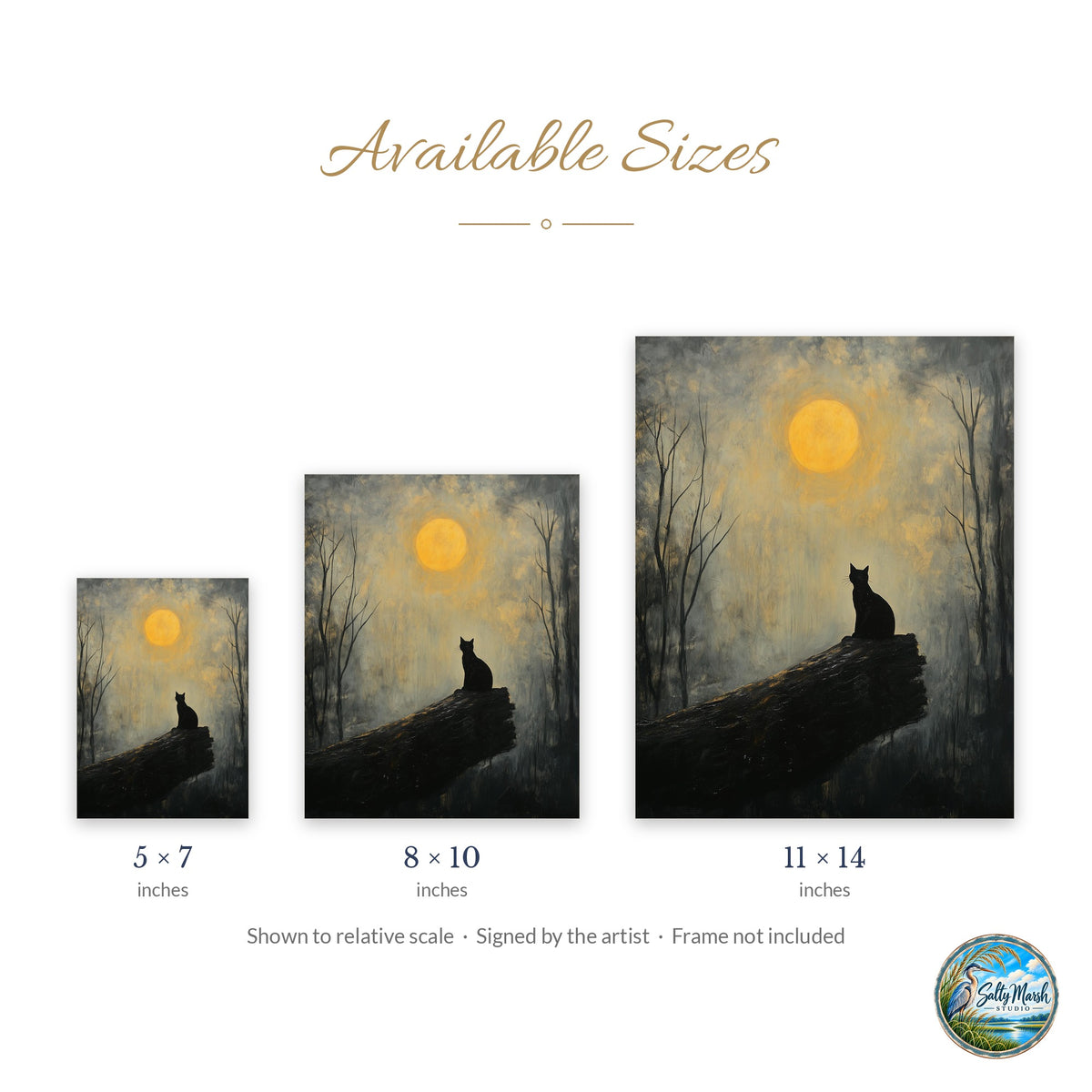 Moonlit Cat art print size guide: 5x7, 8x10 and 11x14