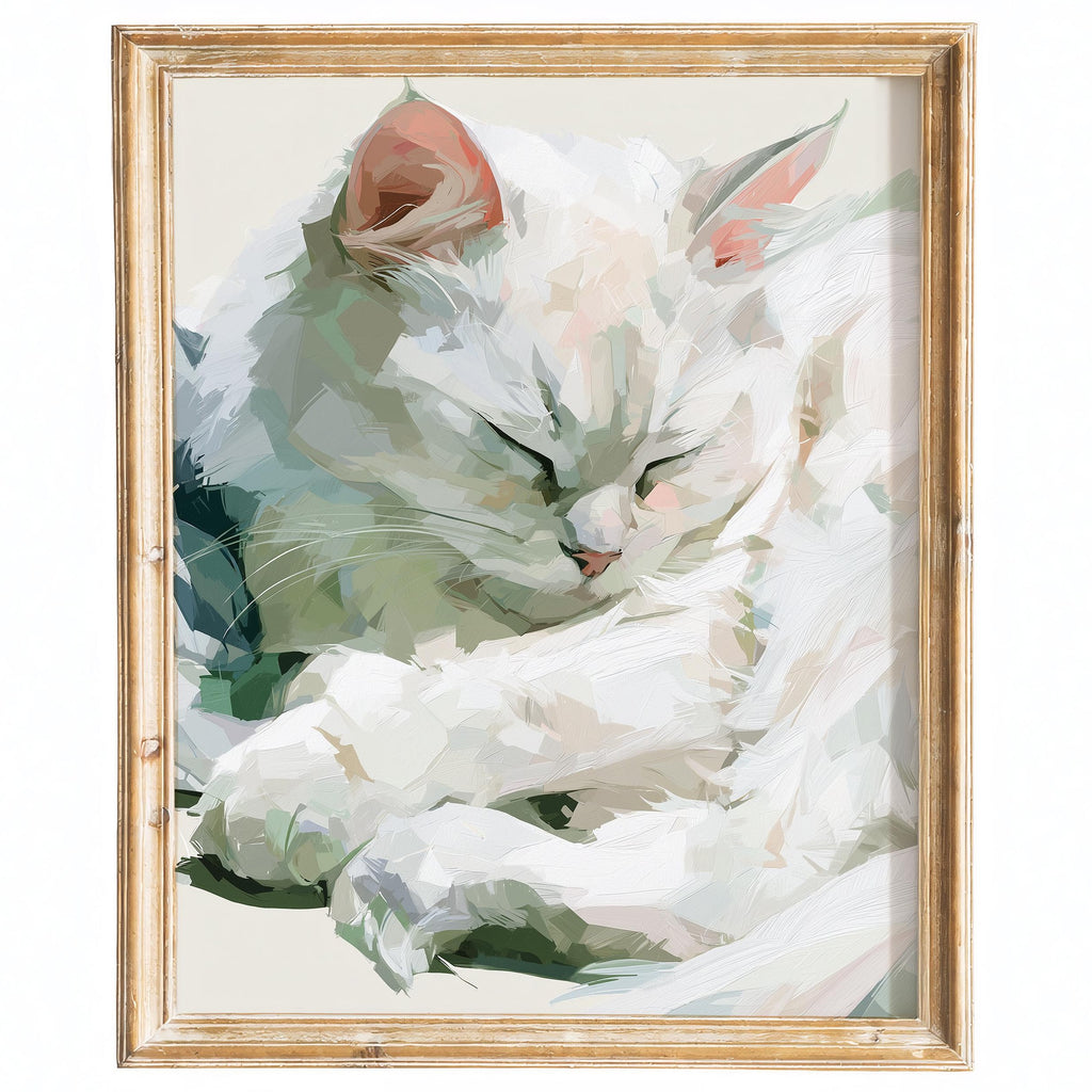 Sleeping White Cat animal art print framed