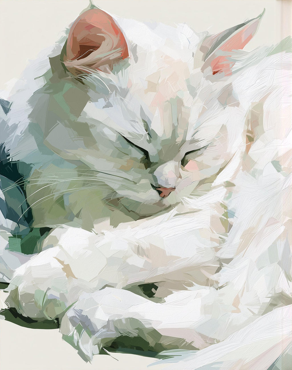 Sleeping White Cat animal art print unframed, signed by Pattie Overcash