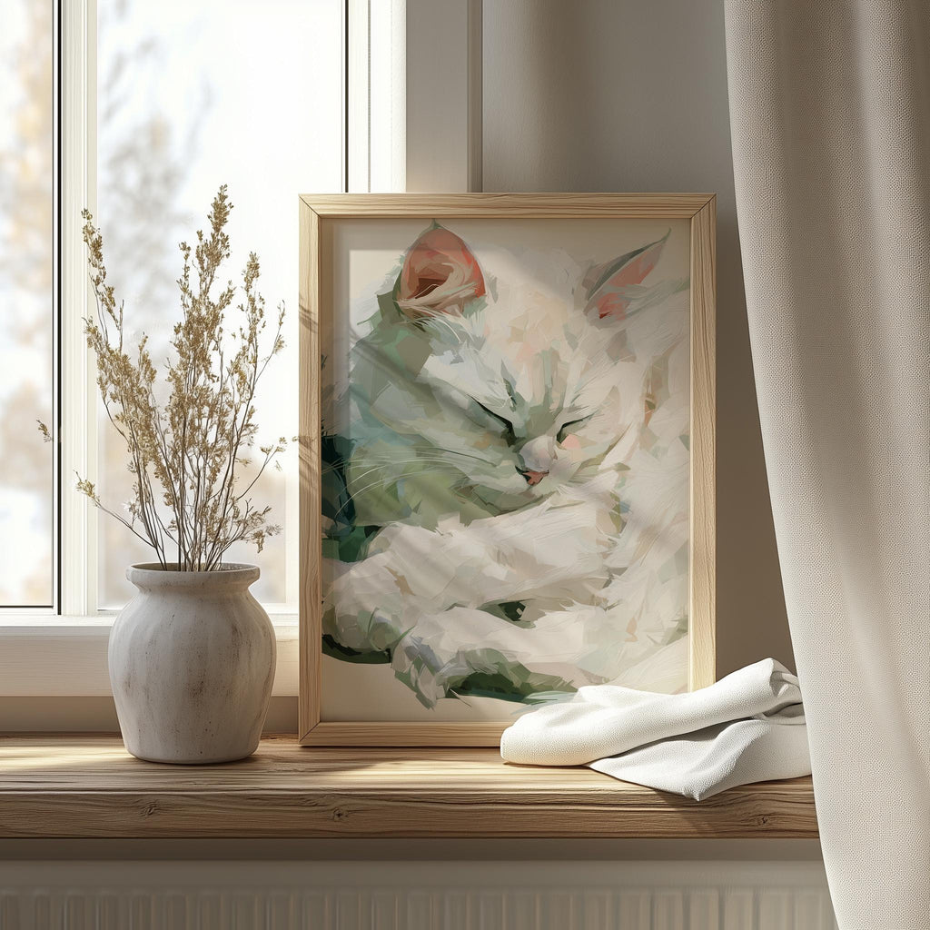 Sleeping White Cat animal art print shown in a room setting